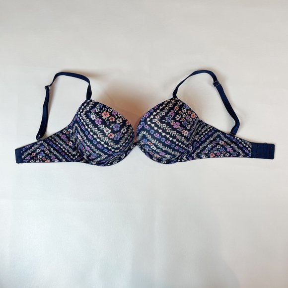 NWOT Victoria's Secret PINK Bra 32DD Wear Everywhere Super Push Up Blue Floral - Picture 2 of 8